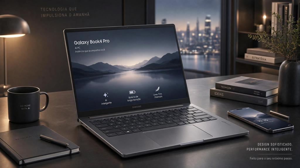 Notebook Samsung Book aberto sobre uma mesa de trabalho elegante