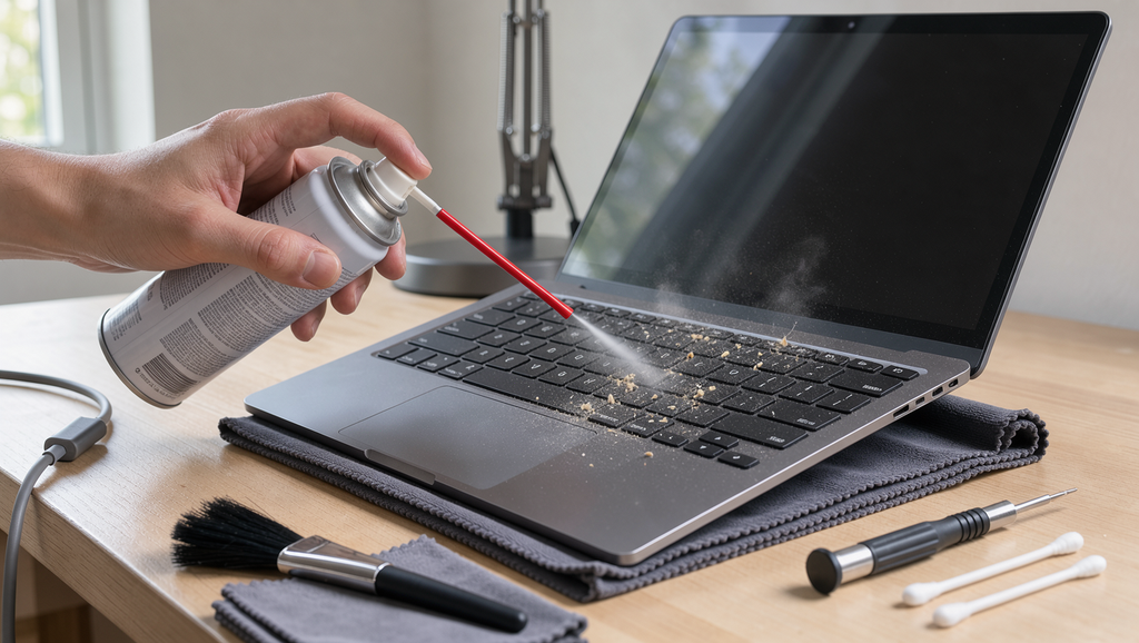 Spray de ar comprimido sendo aplicado entre as teclas de um notebook