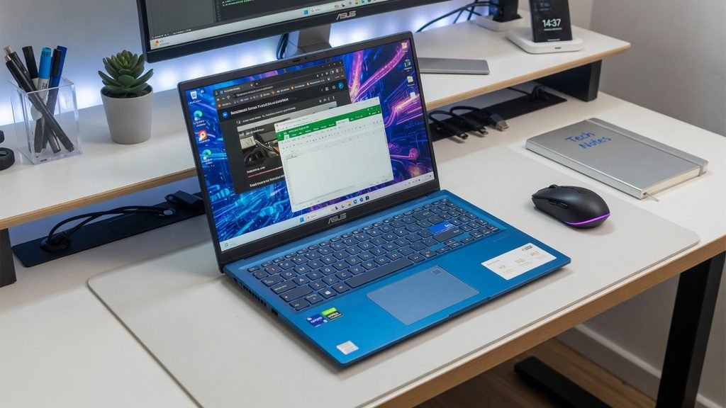 Notebook Asus Vivobook 15 aberto sobre uma mesa de trabalho
