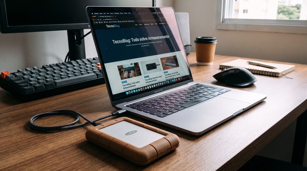 HD externo conectado a um notebook para backup de arquivos