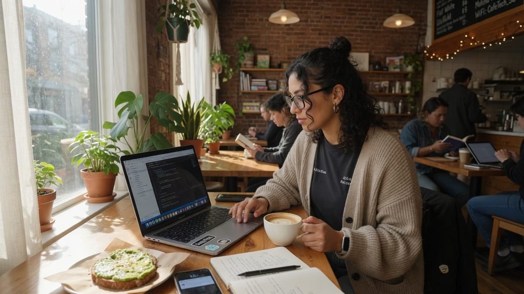 Pessoa usando notebook em um café, longe de tomadas