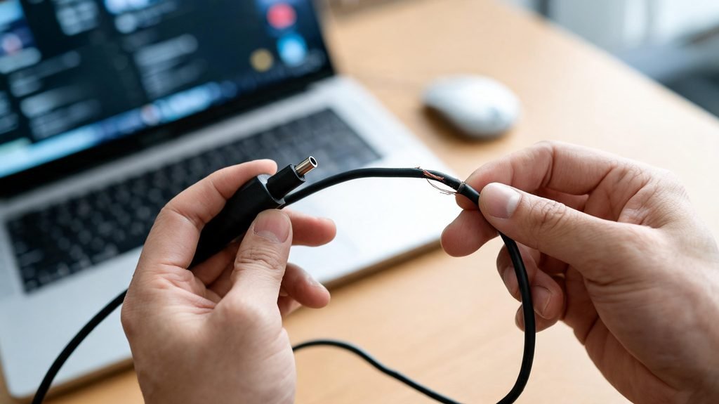 Cabo de carregador de notebook sendo verificado quanto a danos