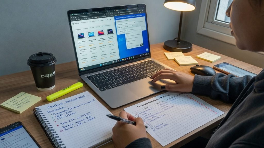 Pessoa pesquisando notebooks com checklist de critérios ao lado