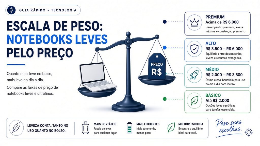 Infográfico comparando faixas de preço de notebooks leves e portáteis