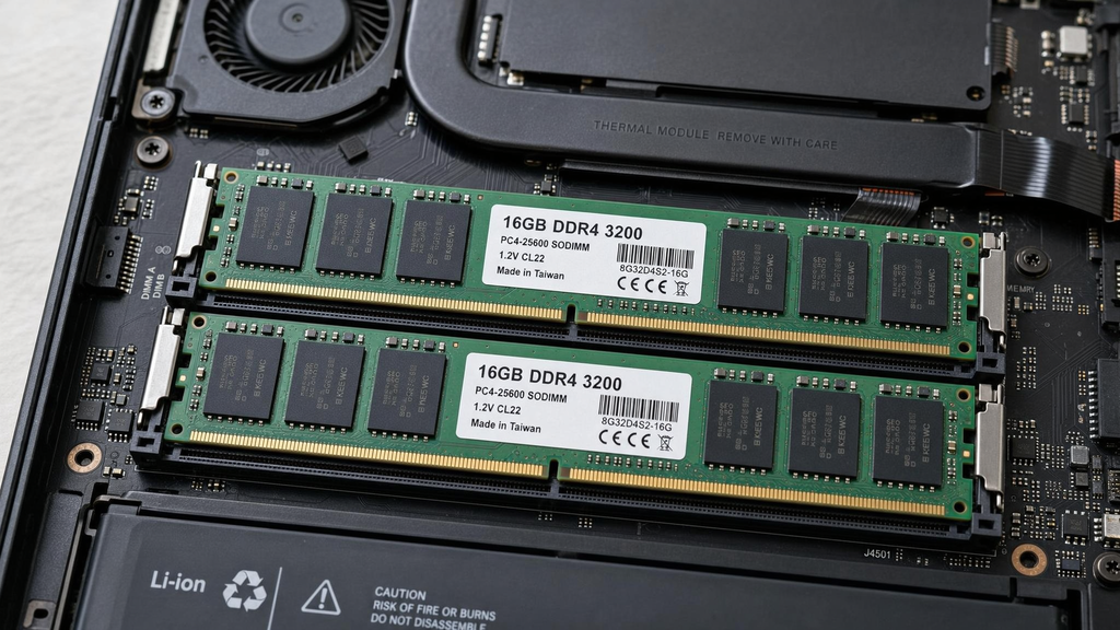 Dois pentes de memória RAM instalados lado a lado em um notebook