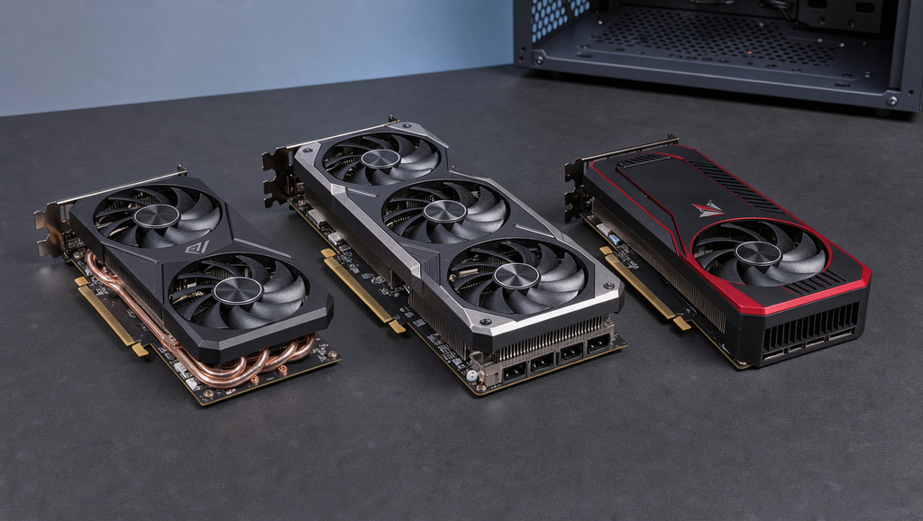 Logos ou chips representando NVIDIA, AMD e Intel
