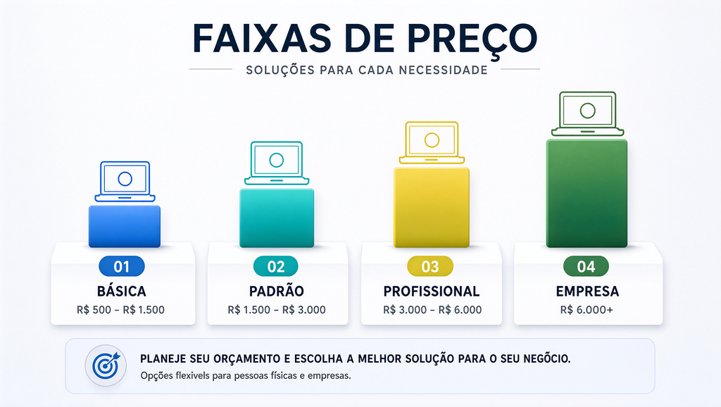 Infográfico simples mostrando faixas de preço de notebooks e suas configurações