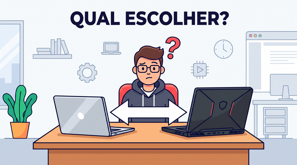 Pessoa com expressão de dúvida entre dois notebooks