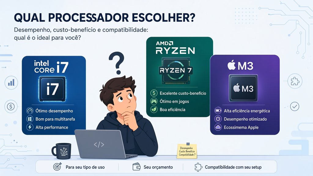 Pessoa com expressão de dúvida entre três processadores diferentes