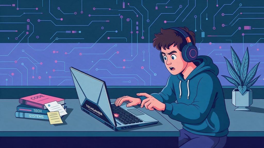 Pessoa jogando em um notebook gamer com expressão de concentração
