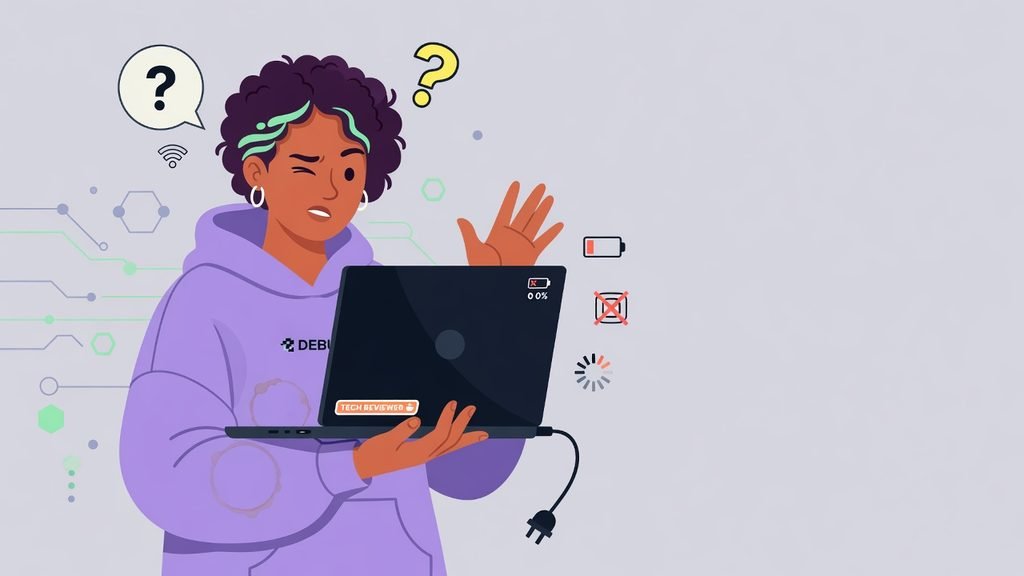 Pessoa com expressão de dúvida segurando um notebook desligado