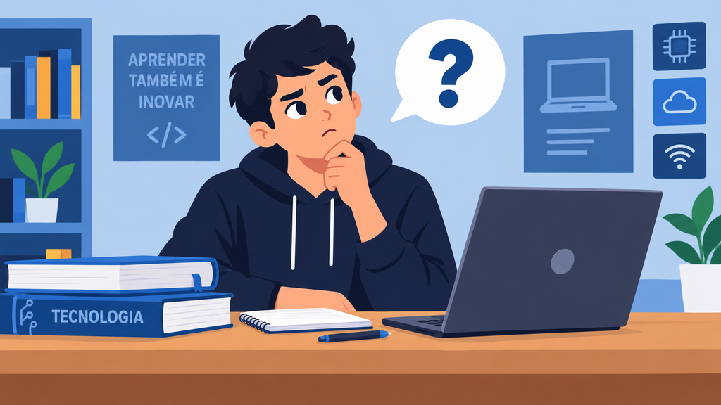 Estudante com expressão pensativa ao lado de um notebook
