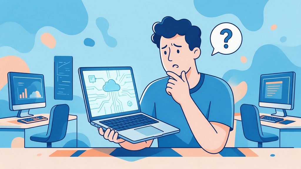 Pessoa com expressão de dúvida segurando um notebook fino