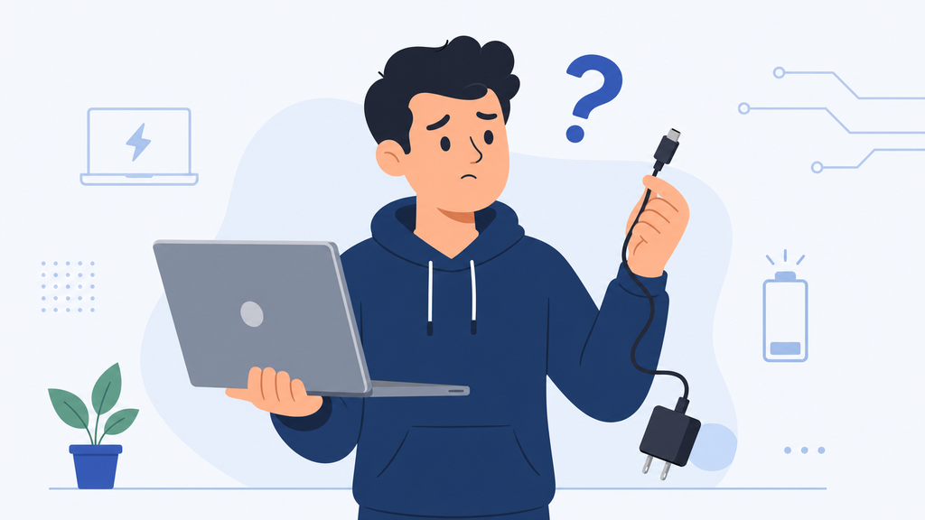 Pessoa com expressão de dúvida segurando um notebook e um carregador