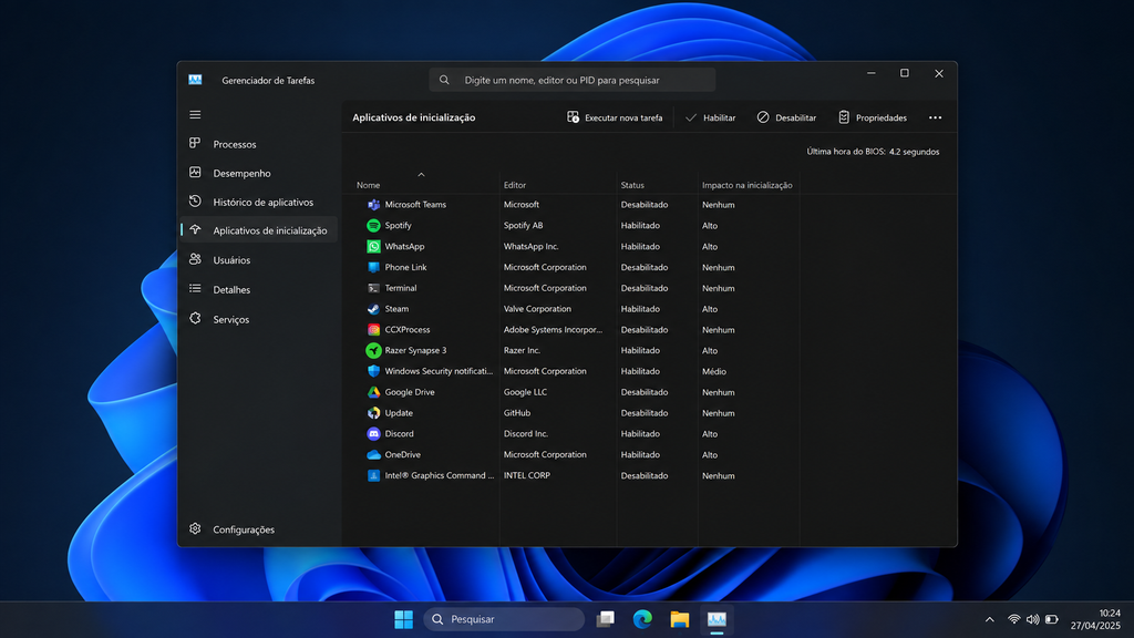Tela do Gerenciador de Tarefas do Windows mostrando a aba de inicialização