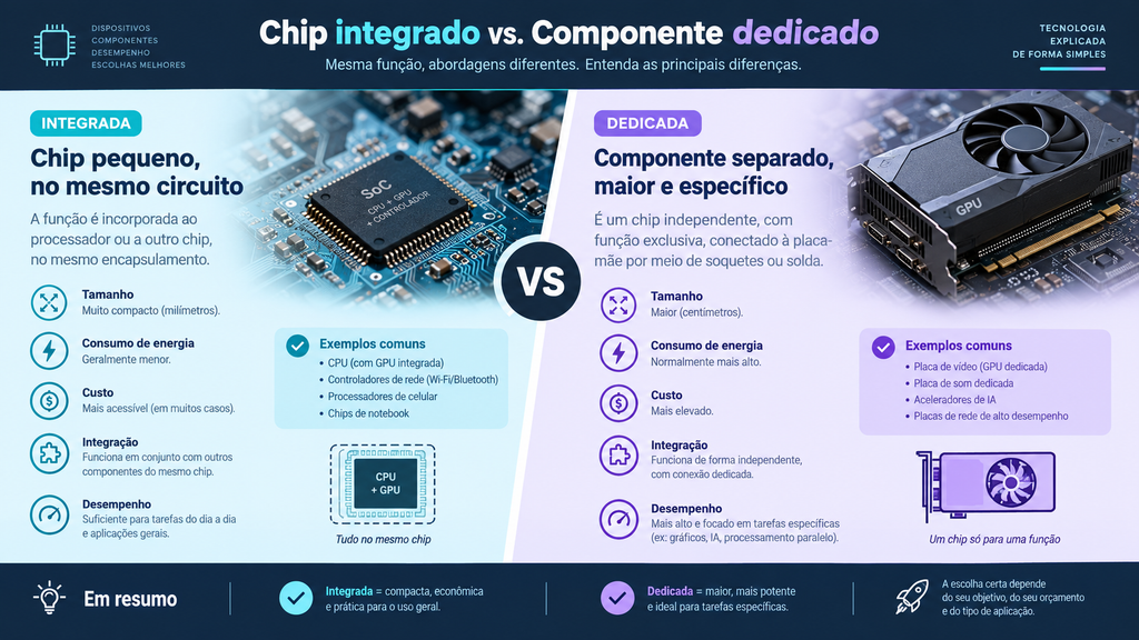 Comparação visual entre GPU integrada no processador e GPU dedicada separada