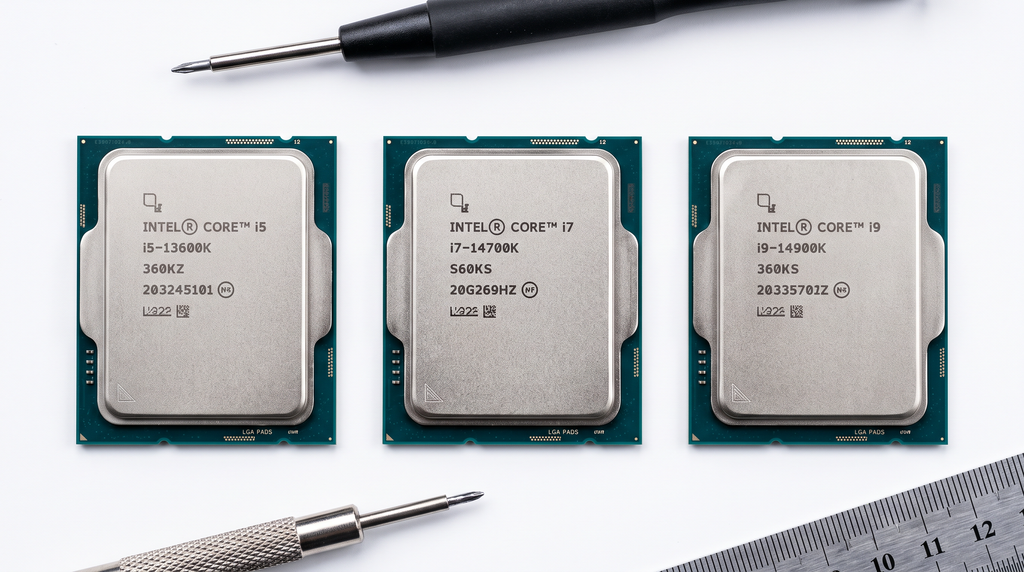 Processadores Intel Core i3, i5 e i7 posicionados lado a lado