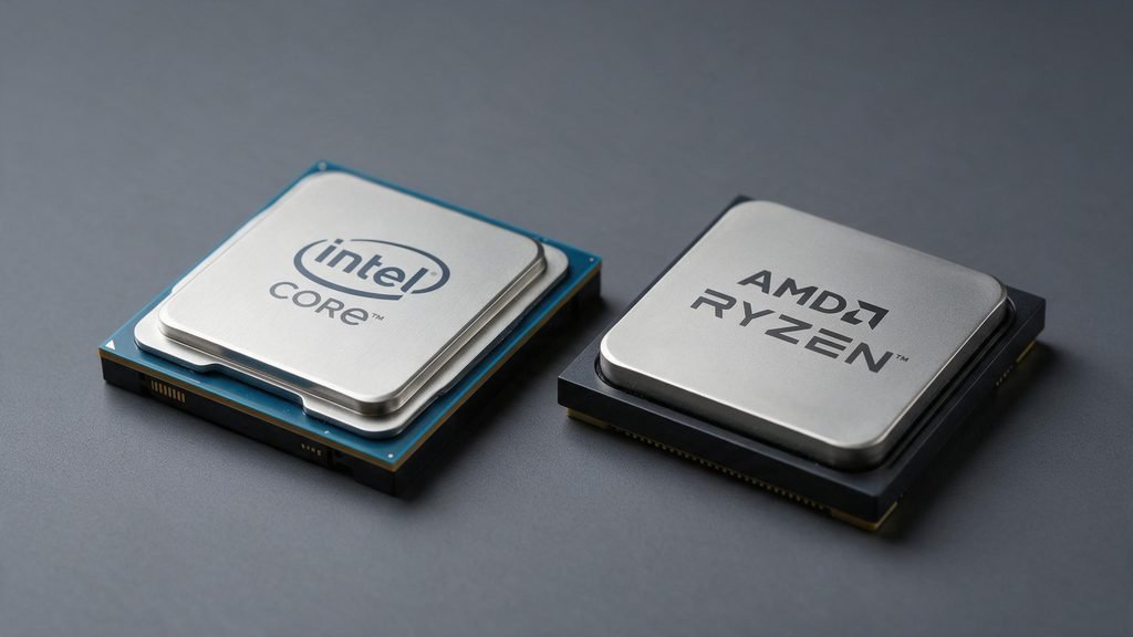 Processadores Intel e AMD Ryzen posicionados lado a lado