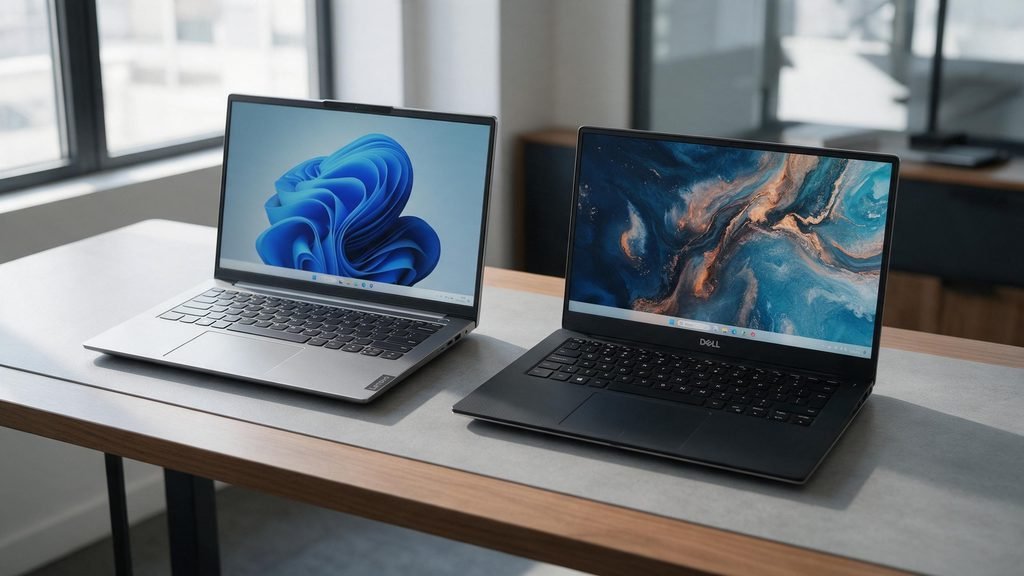 Notebooks Lenovo e Dell posicionados lado a lado sobre mesa de trabalho