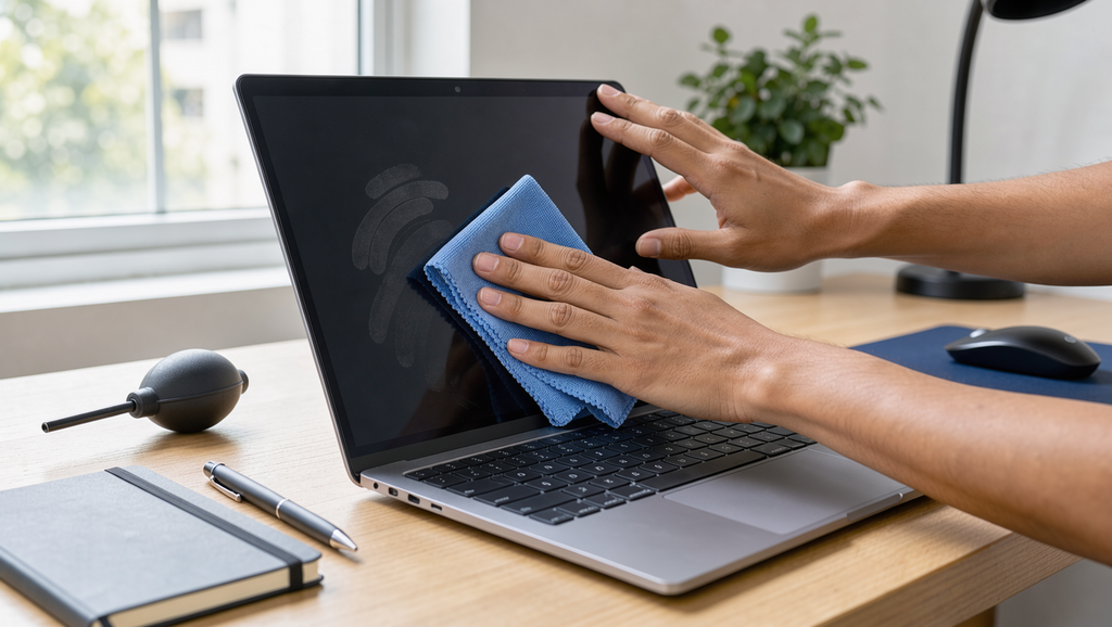 Pessoa limpando a tela de um notebook com pano de microfibra