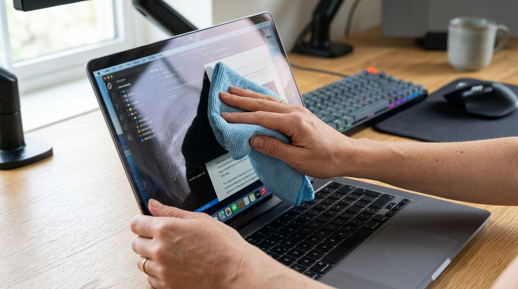 Mãos limpando a tela de um notebook com pano de microfibra levemente úmido
