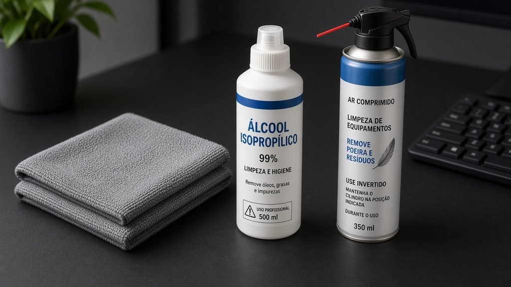 Pano de microfibra, álcool isopropílico e ar comprimido organizados sobre uma mesa