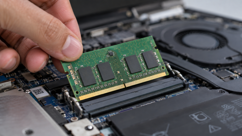 Pente de memória RAM sendo encaixado em um notebook