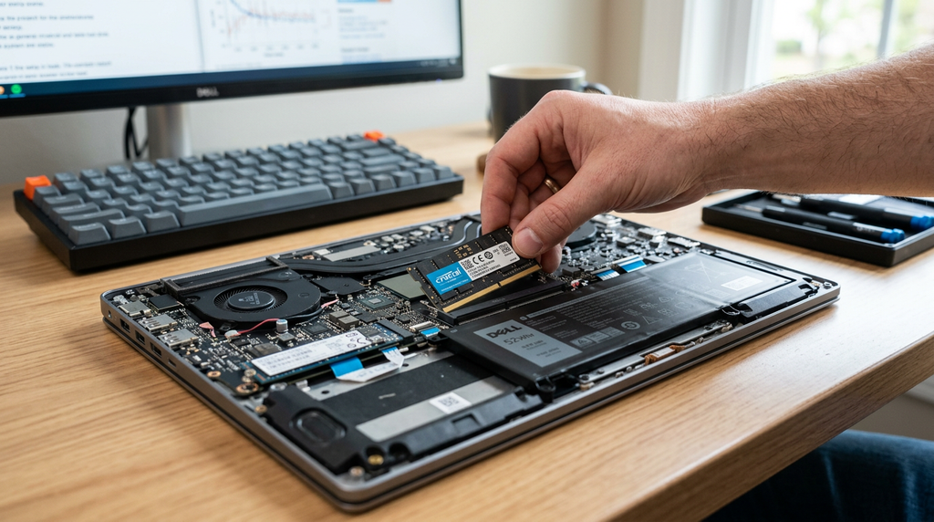Pente de memória RAM sendo instalado em um notebook fino