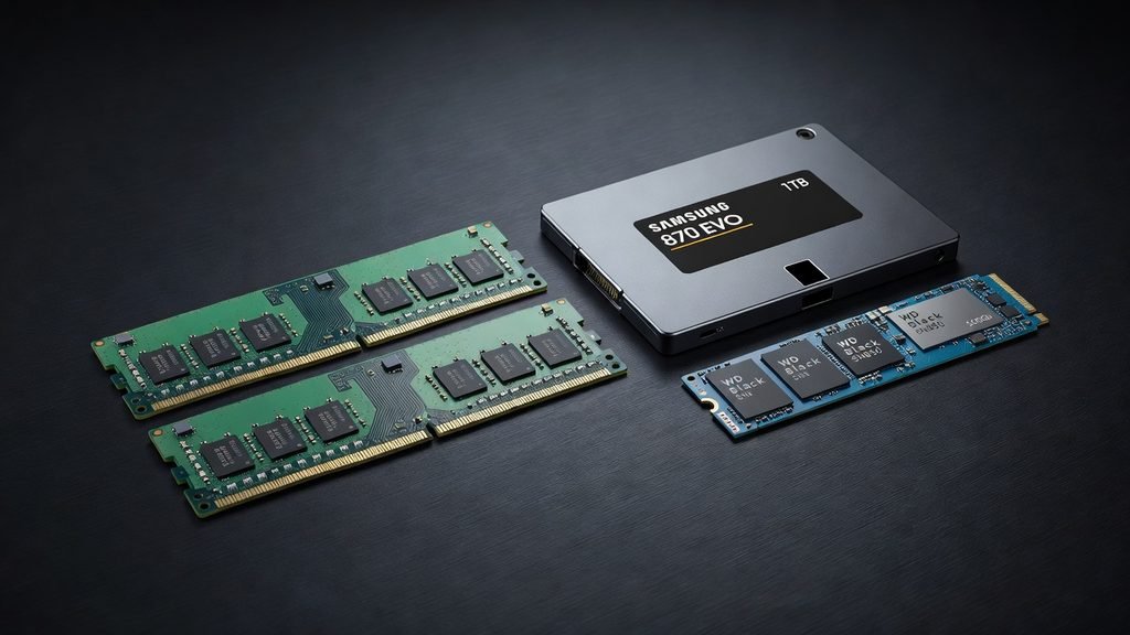 Componentes de RAM e SSD expostos sobre uma mesa
