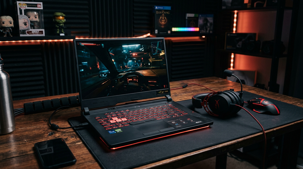 Notebook gamer com iluminação RGB rodando um jogo em uma mesa com headset ao lado