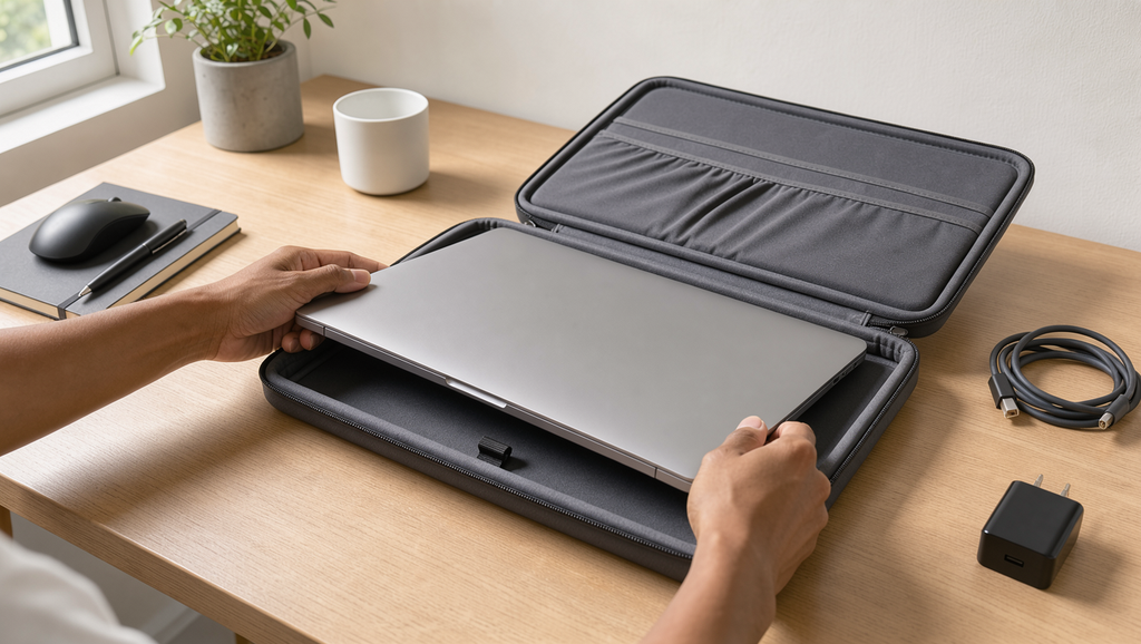 Notebook guardado dentro de uma case/bolsa de proteção
