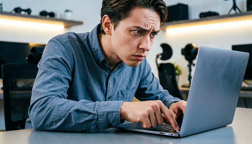 Pessoa com expressão de preocupação tentando ligar um notebook