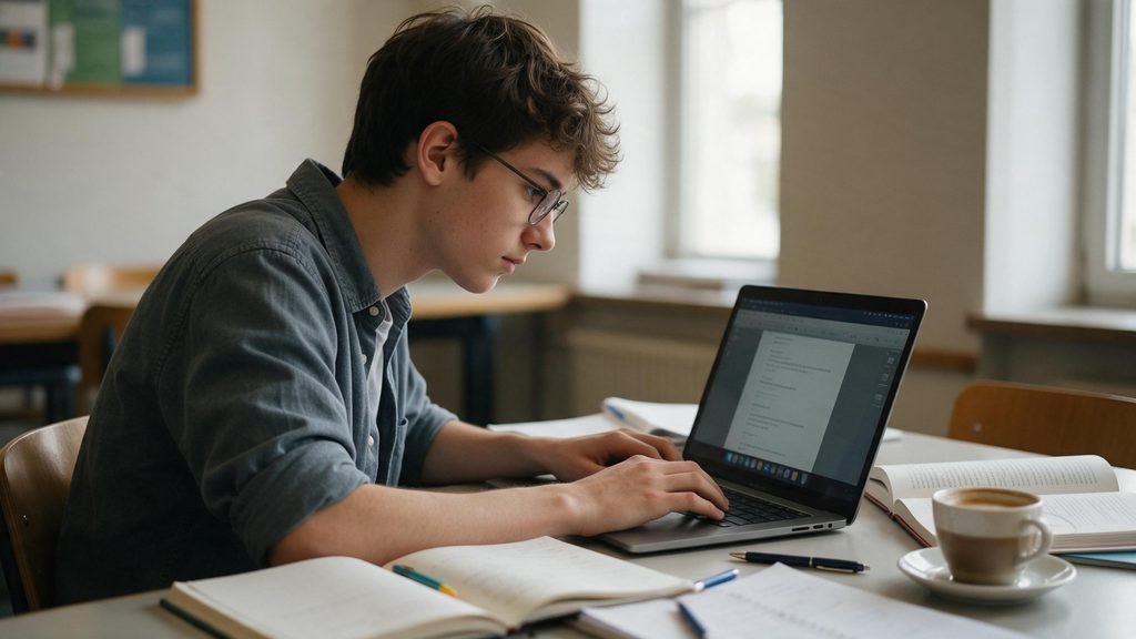 Estudante utilizando notebook em uma mesa com cadernos e material escolar ao redor