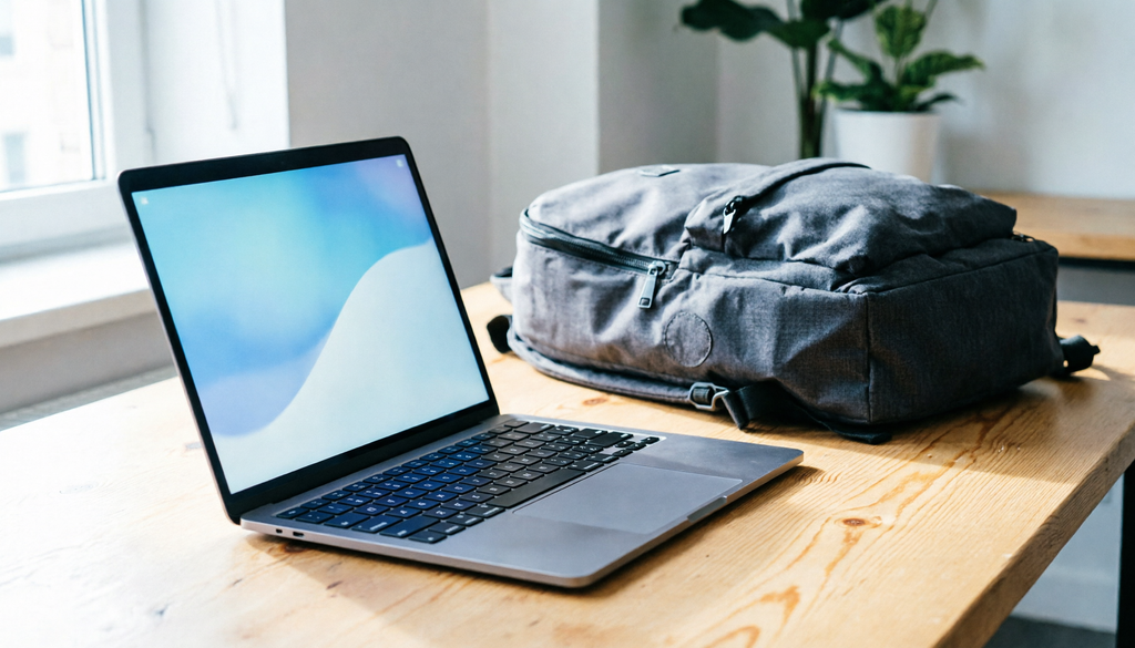 Notebook fino e leve aberto sobre uma mesa de madeira, ao lado de uma mochila