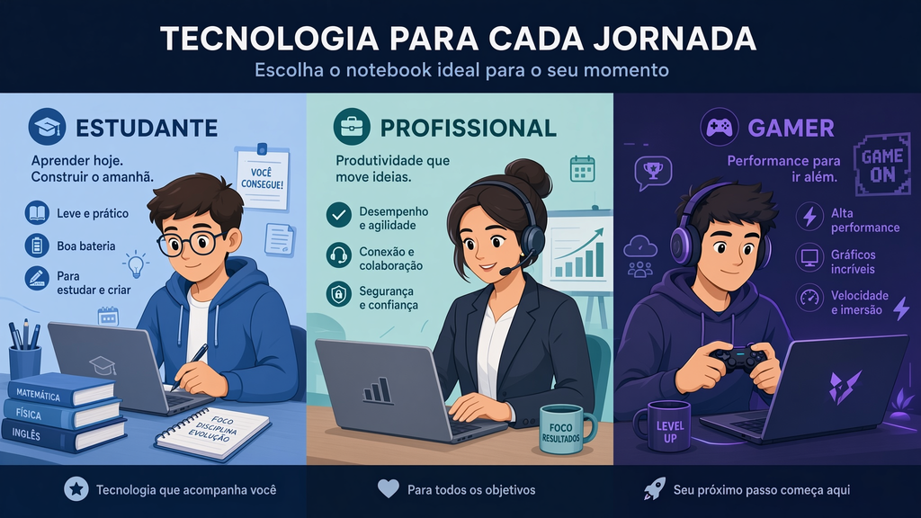 Ilustração de diferentes perfis de usuários de notebook: estudante, home office e gamer