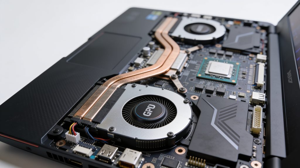 Componentes internos de um notebook gamer, mostrando placa de vídeo e processador