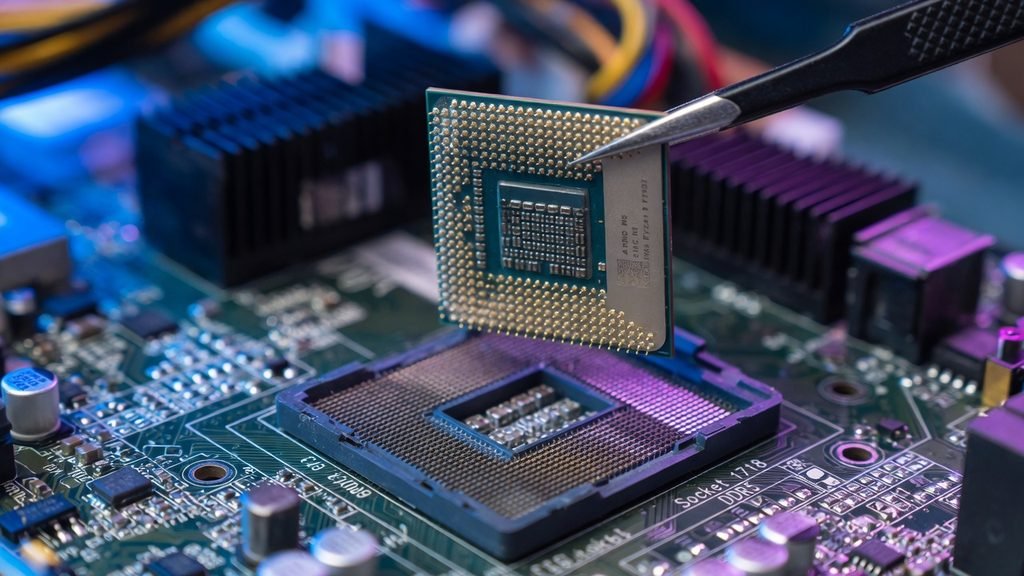 Close-up de um processador Intel Core sendo encaixado em uma placa-mãe
