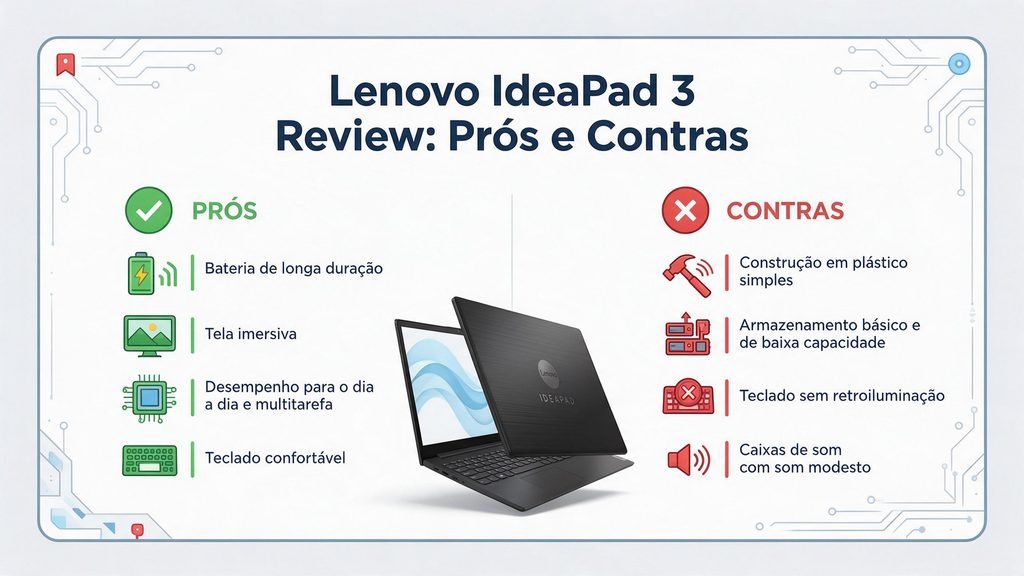 Infográfico resumindo prós e contras do Lenovo IdeaPad 3