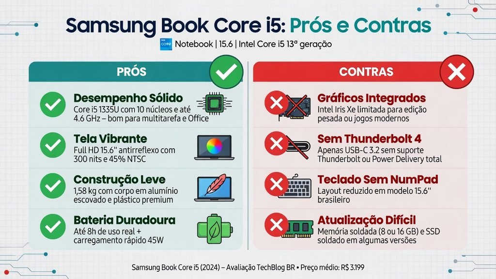 Infográfico resumindo prós e contras do Samsung Book