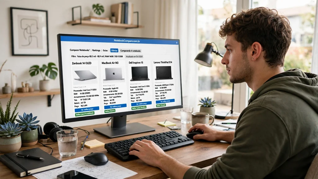 Pessoa pesquisando notebooks em uma loja online, comparando modelos na tela
