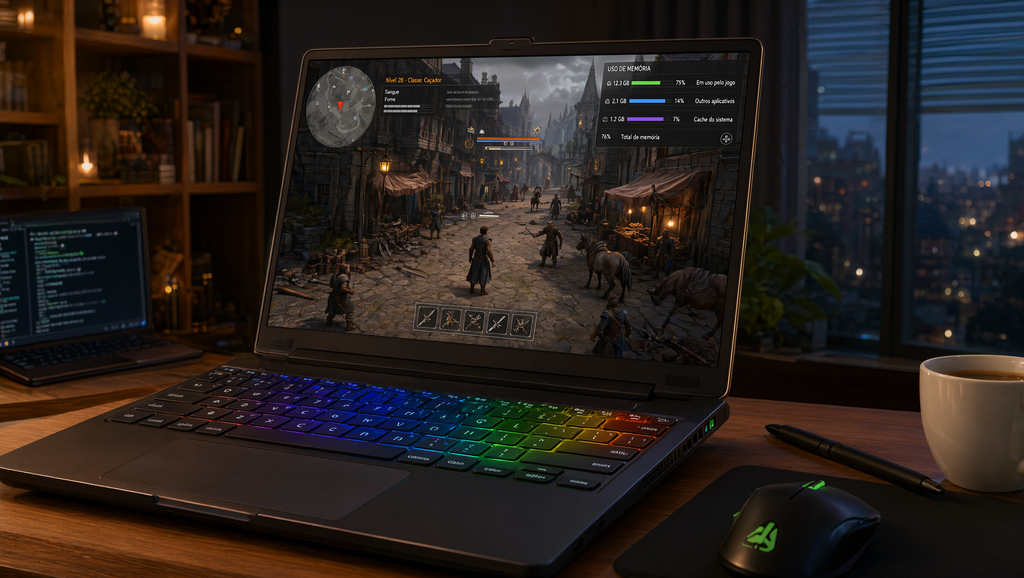 Notebook gamer rodando um jogo com indicador de uso de memória