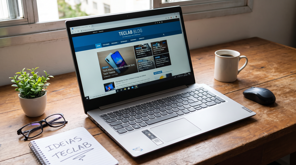 Notebook Lenovo IdeaPad 3 aberto sobre uma mesa de trabalho