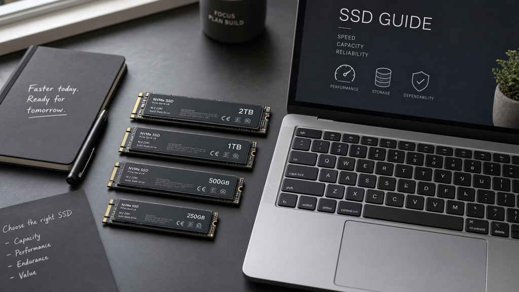 Componentes SSD de diferentes capacidades ao lado do notebook