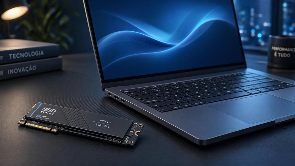 Componente SSD em destaque ao lado do notebook Samsung Book