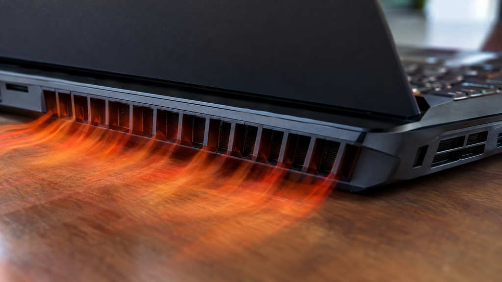 Notebook com saídas de ventilação sendo observadas de perto