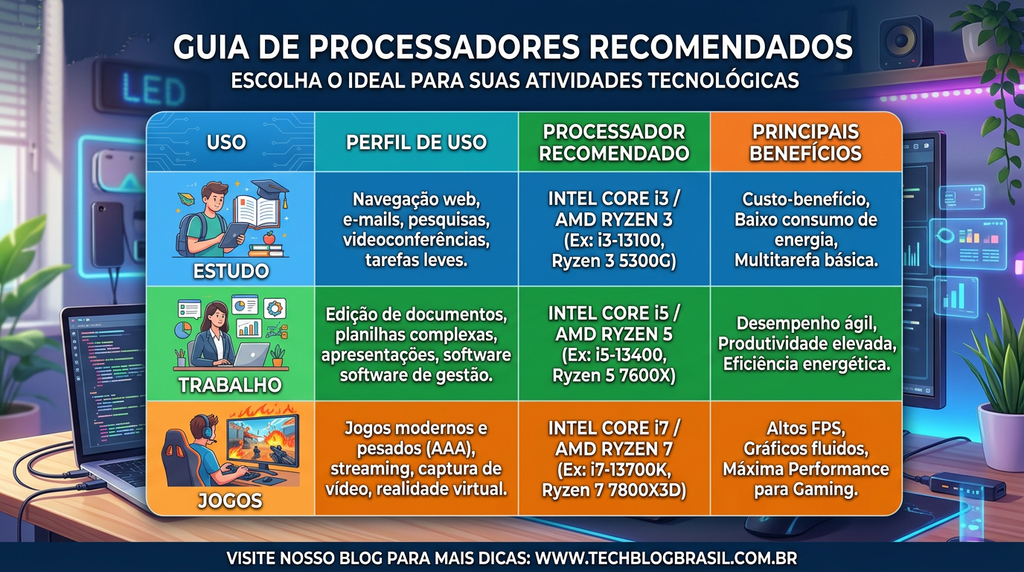 Infográfico mostrando recomendação de processador por perfil de uso