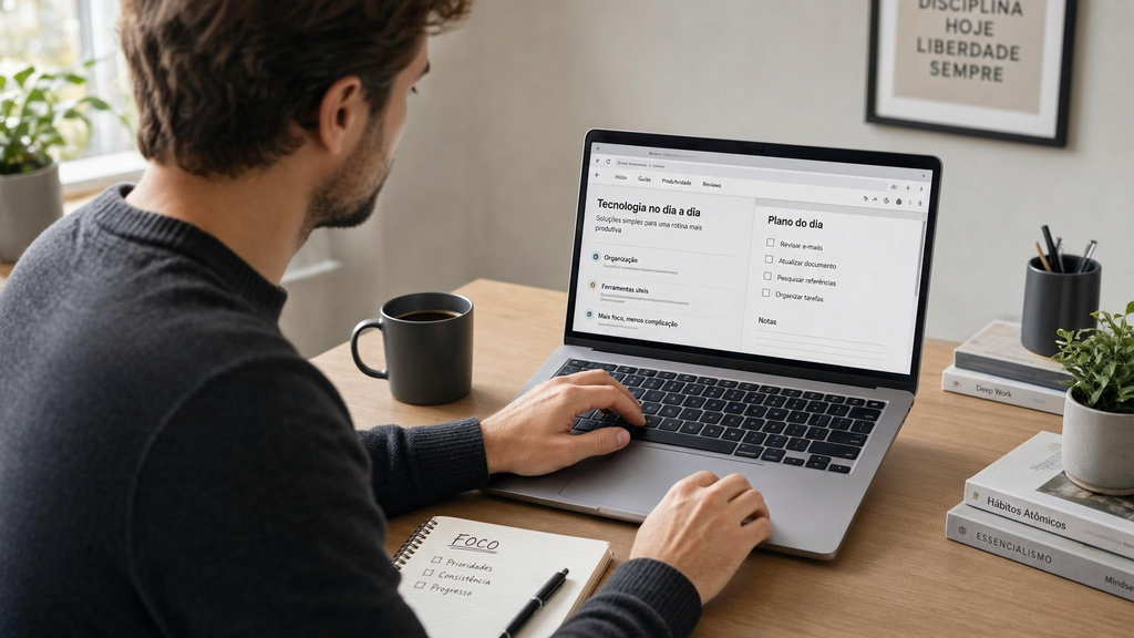 Pessoa utilizando notebook para tarefas básicas do dia a dia