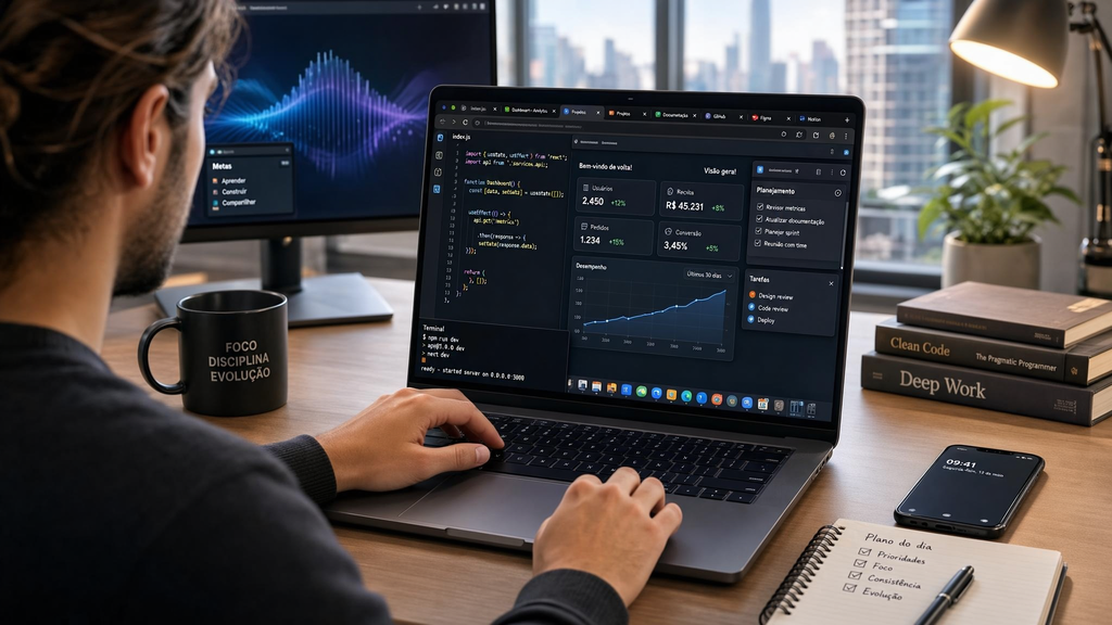 Pessoa utilizando notebook para múltiplas tarefas simultâneas
