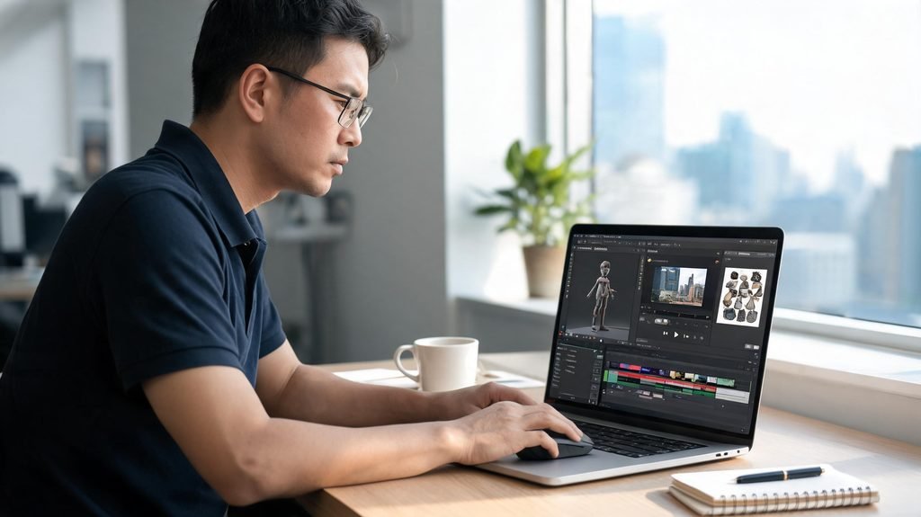 Profissional trabalhando com edição de vídeo ou modelagem 3D em notebook